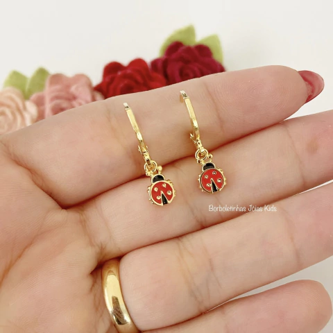 Brinco Argolinha Infantil de Joaninha Banhado a Ouro 18k