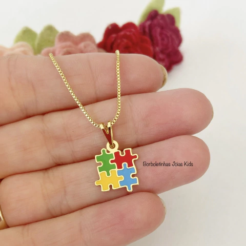 Colar Infantil Autismo Quebra-Cabeça para Menina Banhado a Ouro