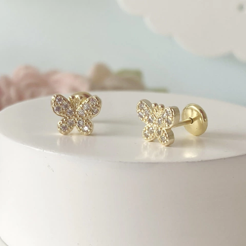 Brinco Infantil Borboleta Cravejados com Zircônia Banhado a Ouro 18k