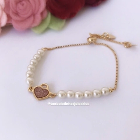 Pulseira Infantil Coração com Pérolas Banhada a Ouro