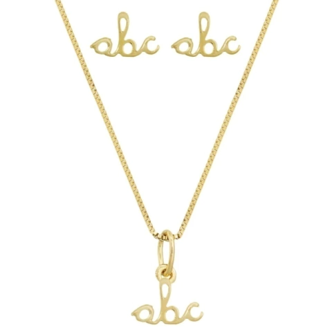 Conjunto ABC manuscrito Colar e Brinco Banhado a Ouro18k