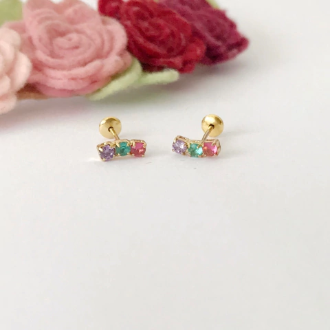 Brinco Infantil com Zircônias Coloridas Banhado a Ouro 18k