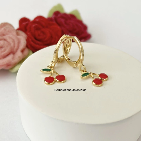 Brinco Argola Infantil de Cereja Banhado a Ouro 18k