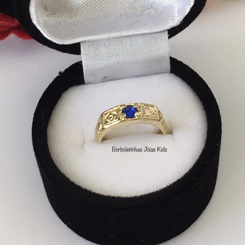 Anel Infantil de Formatura ABC Azul Escuro Banhado a Ouro Hipoalergênico e com Caixinha Capelo
