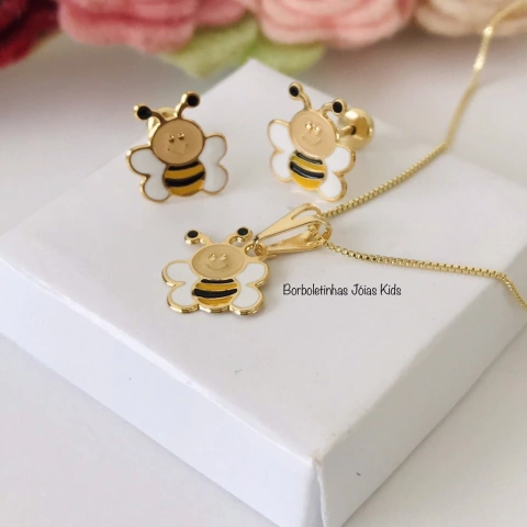 Conjunto Infantil Abelha de Gargantilha e Brinco Banhados a Ouro e Hipoalergênicos