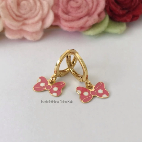 Brinco Infantil Argolinha Laço da Ratinha Rosa Banhado a Ouro18k
