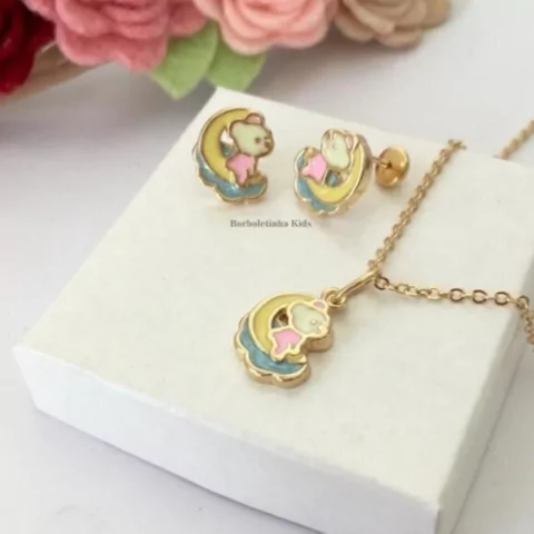 Conjunto Infantil de Ursinha na Lua Colar e Brinco Banhados a Ouro 18k