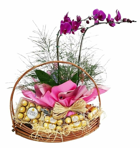 CESTA COM ORQUIDEA E CHOCOLATE