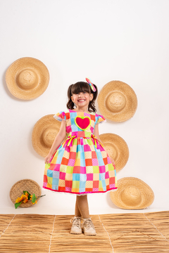 Vestido luxo infantil festa junina + laço de cabelo xadrez rosa Neon - loja online