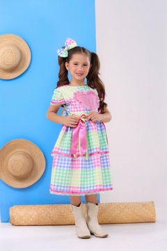 Imagem do Vestido luxo infantil festa junina + laço de cabelo xadrez rosa