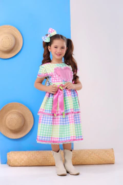 Imagem do Vestido luxo infantil festa junina + laço de cabelo xadrez rosa