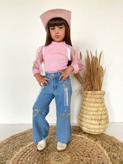 Conjunto Boiadeira Ana Castela Blusa com tule rosa + calça