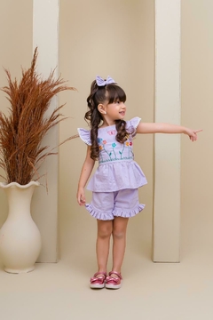 Conjunto infantil bordado + laço de cabelo lilás - Flor e Liz Boutique