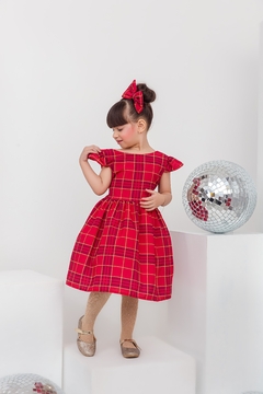 Vestido + laço xadrez vermelho com dourado Natal