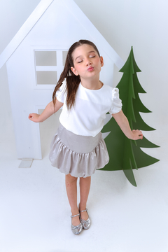 Conjunto luxo blusa off branca + saia balonê prata brilhante ano novo na internet