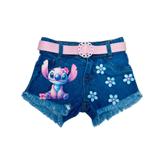 Shorts jeans infantil + cinto Lilo e stitch