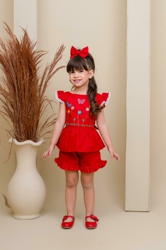 Conjunto infantil bordado + laço de cabelo vermelho natal