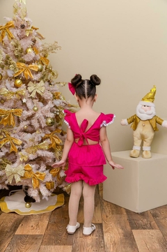 Imagem do Conjunto infantil bordado + laço de cabelo rosa pink