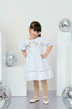 Vestido infantil bordado com laço de cabelo branco ano novo - comprar online