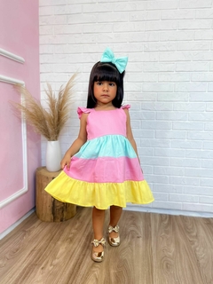Vestido + laço cabelo candy color arco-íris