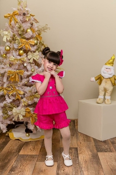 Conjunto infantil bordado + laço de cabelo rosa pink - loja online