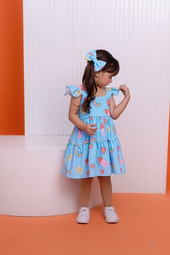 Vestido + laço de cabelo Floral azul arco-íris na internet
