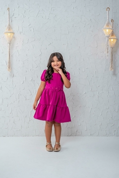 Vestido infantil + cinto rosa majenta
