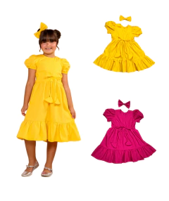 Vestido verão em tricoline premium amarelo / rosa