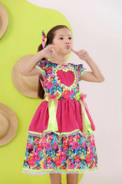 Vestido luxo infantil festa junina + laço de cabelo floral pink - comprar online
