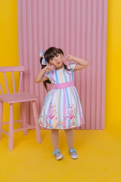 Vestido luxo + laço de cabelo unicórnio arco-íris Candy Color - Flor e Liz Boutique