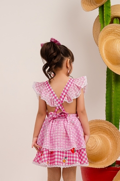 Romper vestido luxo + laço de cabelo festa junina xadrez rosa bebê na internet