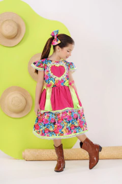 Vestido luxo infantil festa junina + laço de cabelo floral pink - loja online