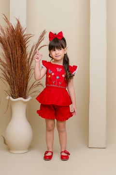 Conjunto infantil bordado + laço de cabelo vermelho natal - Flor e Liz Boutique