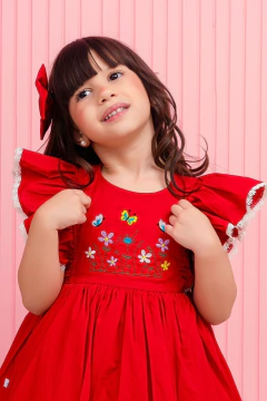 Vestido infantil luxo bordado vermelho Natal com laço de cabelo - comprar online