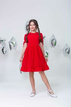 Vestido infantil com gola bordada vermelho natal