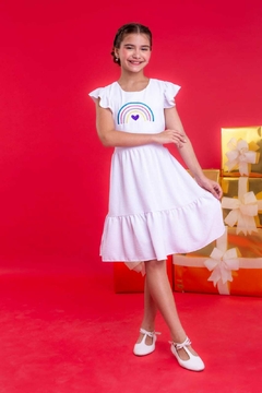 Vestido infantil arco-íris branco ano novo na internet