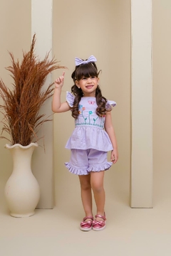 Conjunto infantil bordado + laço de cabelo lilás