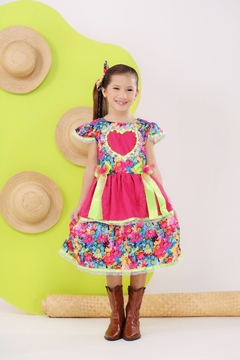 Vestido luxo infantil festa junina + laço de cabelo floral pink