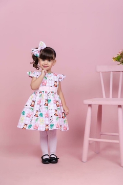 Vestido infantil + laço Safari fazendinha rosa