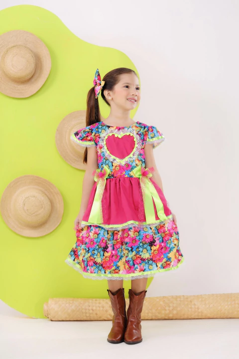 Vestido luxo infantil festa junina + laço de cabelo floral pink