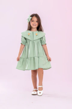 Vestido luxo infantil em linho com bordado e laço de cabelo