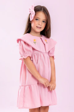 Vestido luxo infantil em linho com bordado e laço de cabelo - loja online