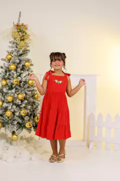 Vestido infantil juvenil vermelho com bordado