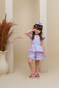 Conjunto infantil bordado + laço de cabelo lilás - comprar online