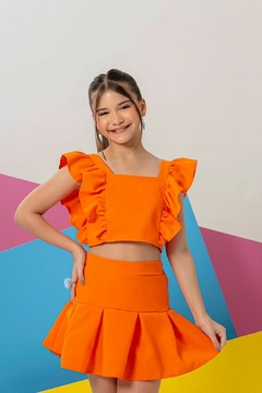 Conjunto em linho shorts saia laranja verão