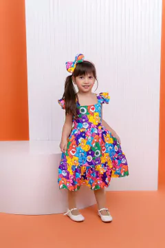 Vestido + laço de cabelo infantil Ursinhos carinhosos