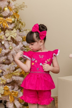 Conjunto infantil bordado + laço de cabelo rosa pink na internet