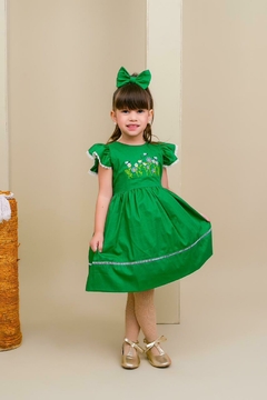 Vestido bordado + laço de cabelo Verde musgo natal
