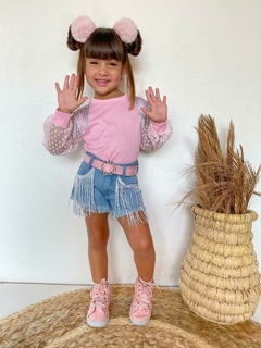Conjunto infantil juvenil Boiadeira Ana Castela shorts jeans + blusa