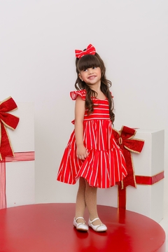 Vestido + laço de cabelo vermelho natal listras listrado - Flor e Liz Boutique